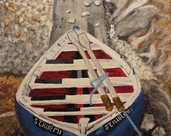 Ölpastellmalerei: Huisinish Isle of Harris Boot Landschaftskunst