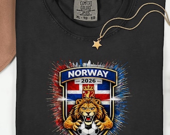 Camiseta con la mascota de la selección de fútbol de Noruega, camiseta para aficionados del Mundial 2026, estilo camiseta deportiva vintage.