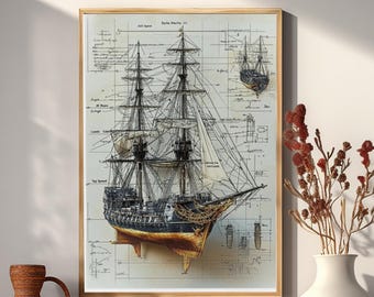 Póster con plano de barco antiguo / Arte mural náutico antiguo / Lámina con boceto de velero