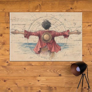 May include: A canvas print featuring a character from the anime series One Piece, seen from the back with arms outstretched. The character wears a red shirt and straw hat, set against a vintage map background with blue ocean details. The artwork is mounted on a wooden wall.