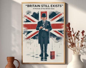 Vintage brittisk affisch | Väggkonst med Union Jack | Retro England-tryck | Konst med bowlerhatt och te