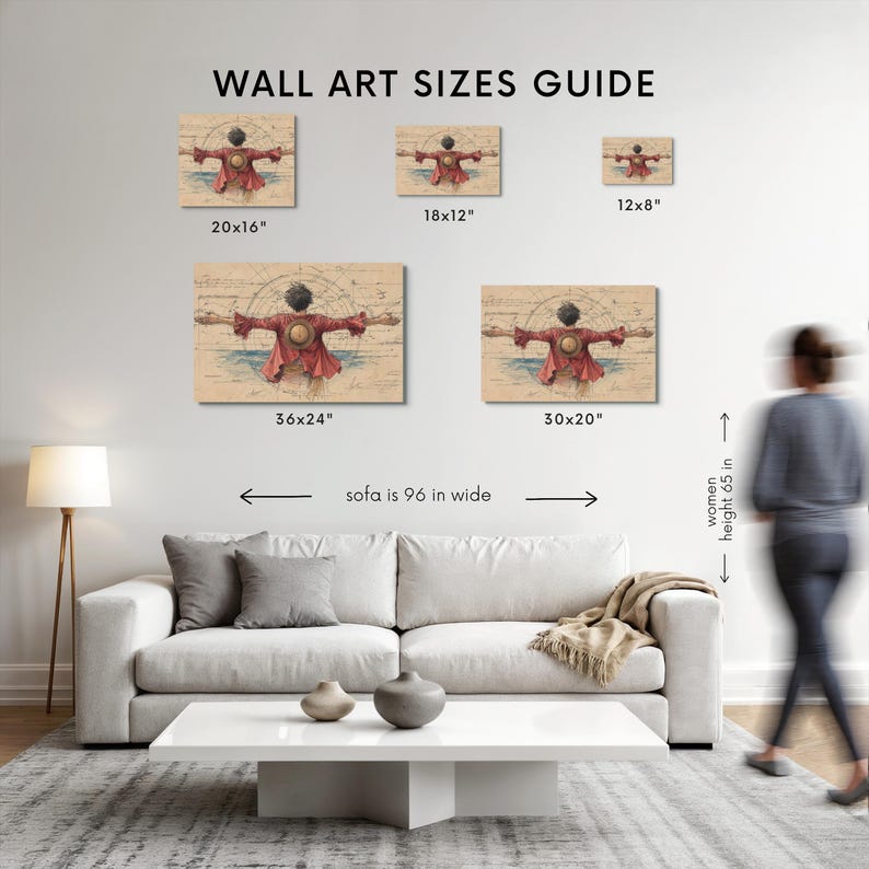 Puede incluir: Gu&iacute;a de tama&ntilde;os de arte mural con impresiones en lienzo. Las impresiones muestran una figura con abrigo rojo y brazos extendidos. Tama&ntilde;os: 30x20cm, 46x30cm, 51x41cm, 76x51cm y 91x61cm. El sof&aacute; mide 244cm de ancho. El texto dice 'GU&Iacute;A DE TAMA&Ntilde;OS'.
