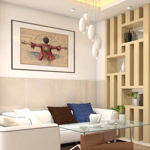 Puede incluir: Un sal&oacute;n moderno con un sof&aacute; blanco, una mesa de centro de cristal y un separador de ambientes de madera. Una obra de arte enmarcada cuelga de la pared. La habitaci&oacute;n est&aacute; decorada con cojines marrones y azules. Una escalera conduce a la planta superior.