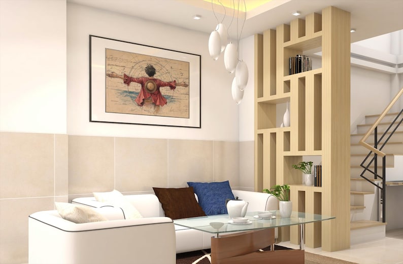 Puede incluir: Un sal&oacute;n moderno con un sof&aacute; blanco, una mesa de centro de cristal y un separador de ambientes de madera. Una obra de arte enmarcada cuelga de la pared. La habitaci&oacute;n est&aacute; decorada con cojines marrones y azules. Una escalera conduce a la planta superior.