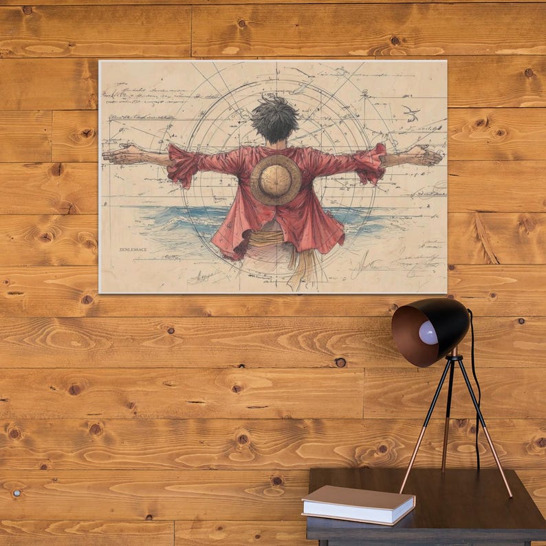 May include: A canvas print featuring a character from the anime series One Piece, seen from the back with arms outstretched. The character wears a red shirt and straw hat, set against a vintage map background with blue ocean details. The artwork is mounted on a wooden wall.