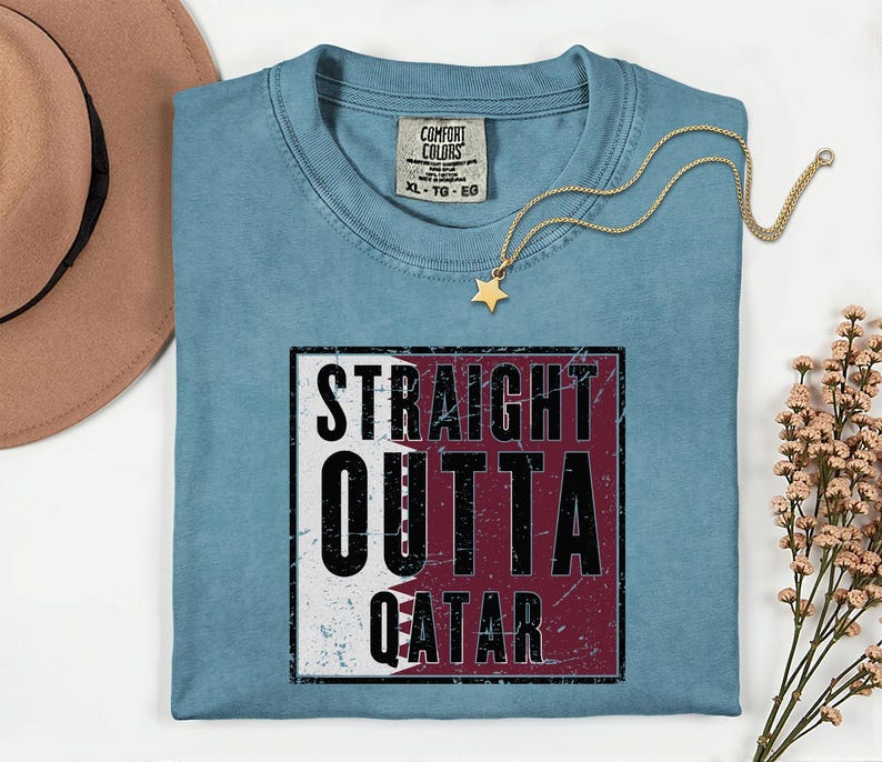 Comfort Colors Straight Outta Qatar Flag Graphic Tee, World Football Streetwear Shirt image 9