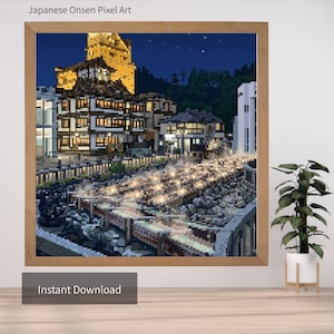 Japanese Onsen Pixel Artset01 | Kusatsu Hot Spring Night | Printable Wall Art | Japan Landscape | Instant Download | Syu Pixel Art Studio