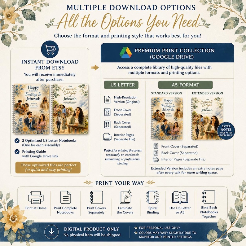 Op de afbeelding: Een digitaal productinformatieblad getiteld Multiple Download Options All the Options You Need. Het toont twee notitieboek-omslagontwerpen met religieuze afbeeldingen, Google Drive-toegang en details over US Letter- en A5-formaten.