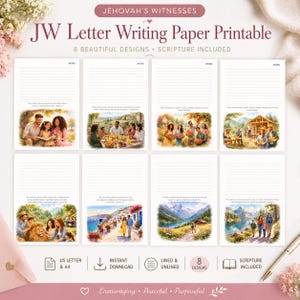 以下が含まれることがあります： 印刷可能なJWレターライティングペーパー、8つのデザイン。各ページには、罫線ありまたは罫線なしのレイアウトがあり、聖書が含まれています。デザインには、人々と風景のイラストが含まれています。テキストは「エホバの証人」と書かれています。