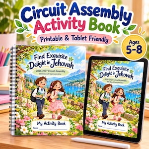 Może przedstawiać: Spiralny zeszyt ćwiczeń oraz tablet z tą samą okładką zatytułowaną Circuit Assembly Activity Book. Okładka przedstawia chłopca i dziewczynkę spacerujących w ogrodzie z napisem Find Exquisite Delight in Jehovah 2026-2027.