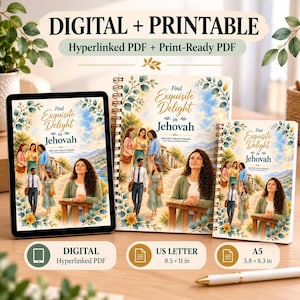 May include: A digital tablet and two spiral-bound notebooks featuring the text Find Exquisite Delight in Jehovah. The covers display an illustration of people on a path with floral borders. The tablet shows Digital Hyperlinked PDF, while the notebooks are labeled US Letter 8.5 x 11 in and A5 5.8 x 8.3 in.