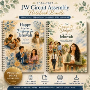 May include: Two spiral-bound notebooks titled 2026-2027 JW Circuit Assembly Notebook Bundle. The left cover features the text Happy Is the One Trusting In Jehovah with illustrations of people and a figure. The right cover says Find Exquisite Delight in Jehovah with a scene of people outdoors. A gold circular badge reads Premium Print Collection.