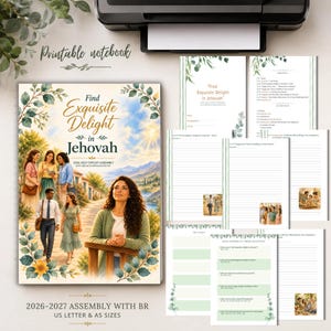 Op de afbeelding: Een printbare notitieboekset voor het kringcongres 2026-2027, met een omslag met de tekst Find Exquisite Delight in Jehovah, ge&iuml;llustreerd met mensen in een landschap, naast diverse binnenpagina's met gelinieerde secties en kleine afbeeldingen.