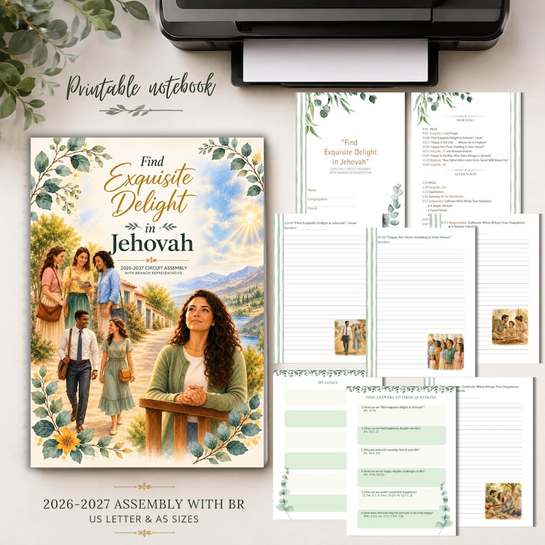 Op de afbeelding: Een printbare notitieboekset voor het kringcongres 2026-2027, met een omslag met de tekst Find Exquisite Delight in Jehovah, ge&iuml;llustreerd met mensen in een landschap, naast diverse binnenpagina's met gelinieerde secties en kleine afbeeldingen.
