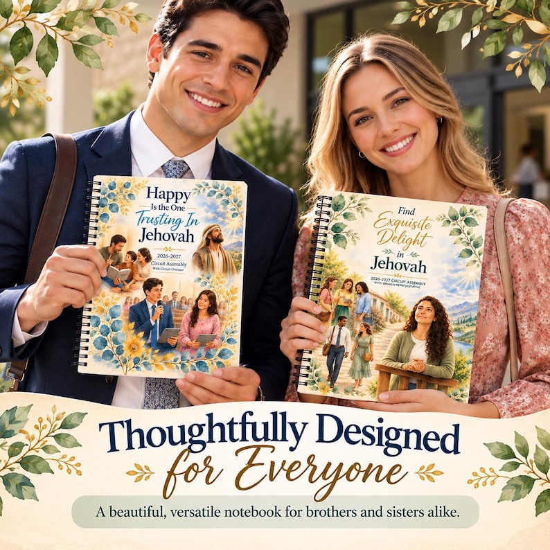 Op de afbeelding: Twee spiraalgebonden notitieboeken met florale randen en illustraties van mensen. Het linker notitieboek bevat de tekst Happy Is the One Trusting In Jehovah 2026-2027 Circuit Assembly. Het rechter notitieboek toont Find Exquisite Delight in Jehovah 2026-2027 Circuit Assembly.