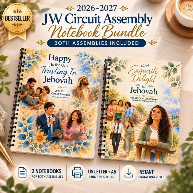 Op de afbeelding: Twee spiraalgebonden notitieboeken getiteld 2026-2027 JW Circuit Assembly Notebook Bundle. De linker kaft toont Happy Is the One Trusting In Jehovah met illustraties. De rechter kaft toont Find Exquisite Delight in Jehovah.