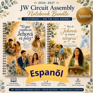 May include: A JW Circuit Assembly notebook bundle containing two spiral-bound notebooks for 2026-2027. The covers feature watercolor-style illustrations of people and religious figures with Spanish text including El que confía en Jehová es feliz and Haz de Jehová tu mayor alegría.