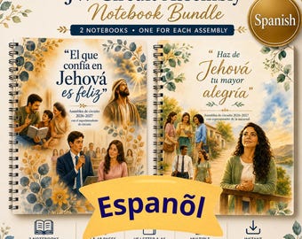 Op de afbeelding: Een 2026-2027 JW Circuit Assembly notitieboekbundel met twee spiraalgebonden notitieboeken voorzien van aquarelillustraties van mensen en religieuze tekst in het Spaans. De covers bevatten florale accenten en titels zoals El que confía en Jehová es feliz en Haz de Jehová tu mayor alegría.