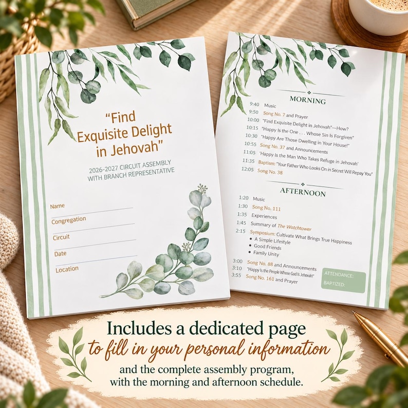 Op de afbeelding: Twee witte papieren programma's met groene aquarel eucalyptusbladeren. De linkerpagina toont de tekst Find Exquisite Delight in Jehovah 2026-2027 Circuit Assembly met lijnen voor persoonlijke gegevens. De rechterpagina bevat het dagprogramma.