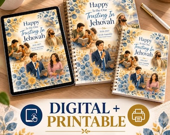 Op de afbeelding: Een digitale tablet en twee spiraalgebonden notitieboeken met de tekst Happy Is the One Trusting In Jehovah 2026-2027 Circuit Assembly. De covers tonen illustraties van mensen in diverse settings, geaccentueerd door blauwe en gele bloemmotieven.