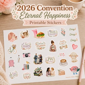 May include: A sheet of printable stickers with various watercolor illustrations. The stickers include images of a cat, a bicycle, a camera, a suitcase, and text that reads "2026 Convention Eternal Happiness".