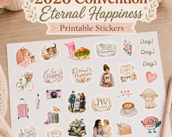 Paquete de pegatinas imprimibles para la Convención de la Felicidad Eterna de los Testigos de Jehová de 2026 (descarga digital en PDF y PNG)