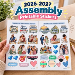 May include: A sheet of 2026-2027 Assembly printable stickers featuring religious themes, biblical figures like Barak and the Shunammite woman, and motivational phrases such as Happy Is the One Trusting In Jehovah and Find Exquisite Delight in Jehovah.