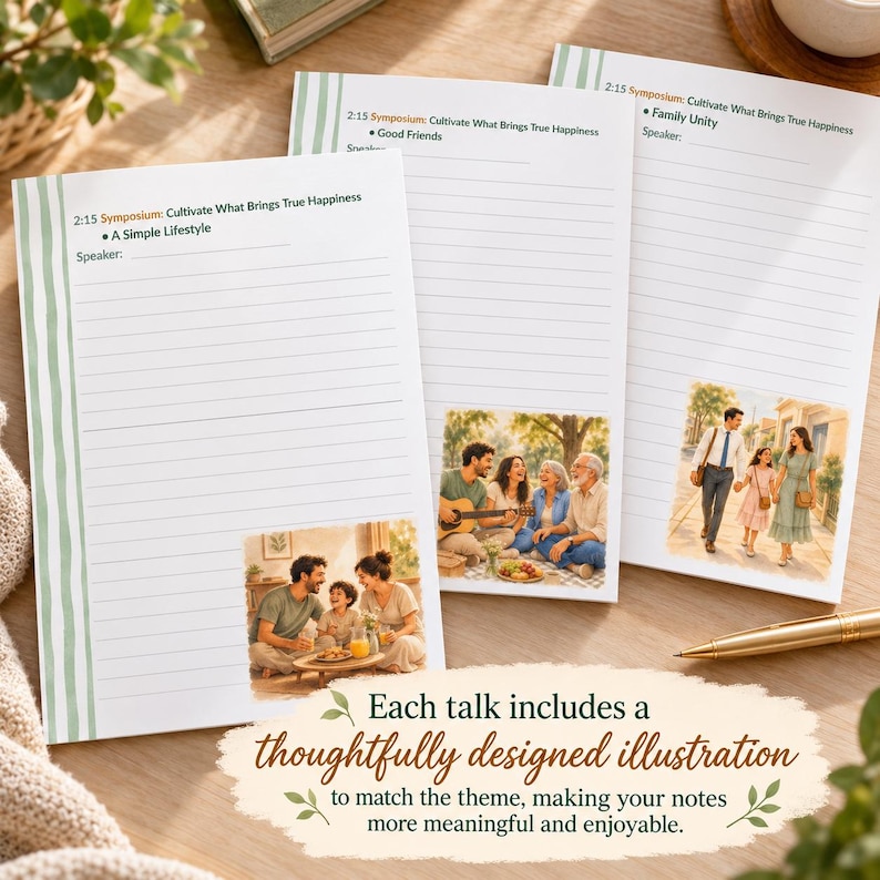 Op de afbeelding: Drie gelinieerde notitiebladen met groen gestreepte randen. Elk blad bevat de tekst 2:15 Symposium: Cultivate What Brings True Happiness, gevolgd door specifieke titels van toespraken en een kleurenillustratie met mensen in diverse settings.