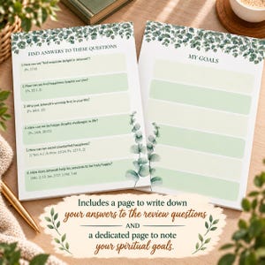 Op de afbeelding: Twee witte vellen papier met groene eucalyptusbladranden. Het linkerblad bevat zes vragen onder de kop FIND ANSWERS TO THESE QUESTIONS. Het rechterblad heeft de kop MY GOALS met lege ruimtes om op te schrijven.