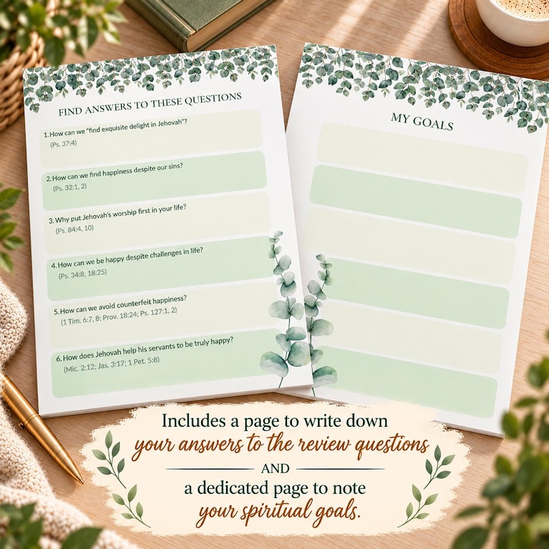 Op de afbeelding: Twee witte vellen papier met groene eucalyptusbladranden. Het linkerblad bevat zes vragen onder de kop FIND ANSWERS TO THESE QUESTIONS. Het rechterblad heeft de kop MY GOALS met lege ruimtes om op te schrijven.