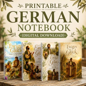 Könnte beinhalten: Vier spiralgebundene Notizbücher mit religiösen Illustrationen und dem Text Ewiges Glück Kongress von Jehovas Zeugen 2026. Die Cover zeigen Figuren in Gewändern in Naturlandschaften. Der Text oben lautet PRINTABLE GERMAN NOTEBOOK (DIGITAL DOWNLOAD).