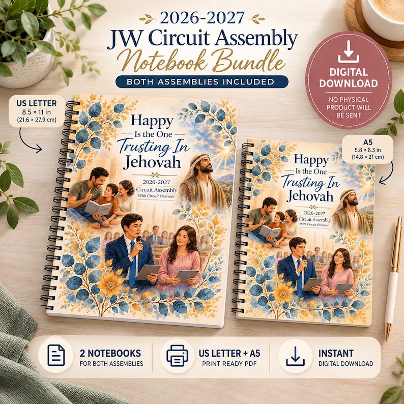 Op de afbeelding: Twee spiraalgebonden notitieboeken getiteld 2026-2027 JW Circuit Assembly Notebook Bundle. De covers bevatten illustraties van mensen en de tekst Happy Is the One Trusting In Jehovah. Formaten: US Letter 21,6 x 27,9 cm en A5 14,8 x 21 cm.