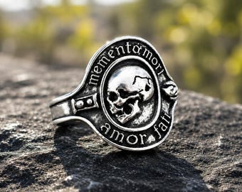 Memento Mori Skull Ring, Sterling Silver Gothic Biker Band, Punk Jewelry