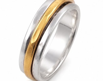 Two Tone Sterling Silver Gold Band Ring, Minimalist Mixed Metal Stackable Unisex Wedding Band