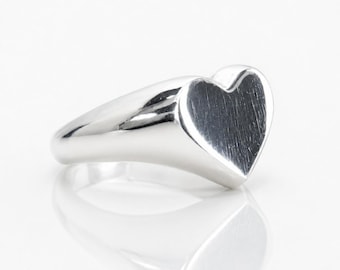 Sterling Silver Heart Signet Ring, Minimalist Dainty Statement Jewelry Gift For Her