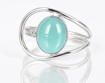 Handmade Aqua Chalcedony Oval Cabochon Ring, 925 Sterling Silver Split Shank Statement Jewelry