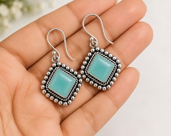 Sterling Silver Square Aqua Chalcedony Dangle Earrings, Boho Gemstone Jewelry