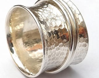 Hammered Sterling Silver Spinner Ring, Wide Band Meditation Ring, Boho Statement Jewelry