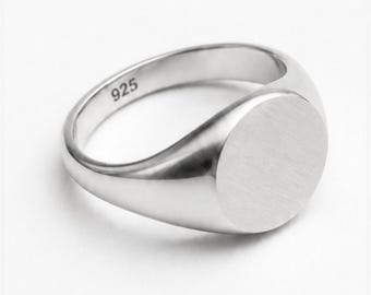 Sterling Silver Round Signet Ring, Minimalist Unisex Engraving Band, Gift For Her