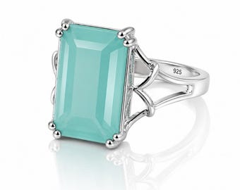 Sterling Silver Emerald Cut Aqua Chalcedony Statement Ring, Art Deco Style Gemstone Jewelry