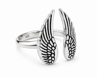 Ängelvingering i sterlingsilver, justerbar ring i 925 silver, skyddsängelsmycken, fjädervingering, present till henne