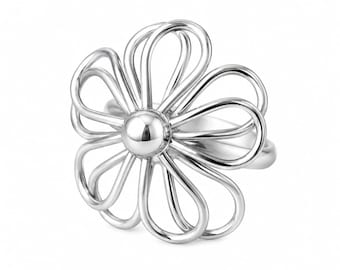 Sterling Silver Open Wire Flower Ring, Adjustable Statement Floral Jewelry