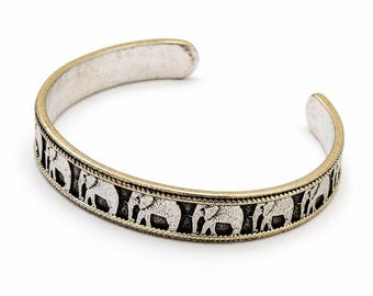 Oxidized Sterling Silver Elephant Cuff Bangle, Boho Tribal Animal Jewelry, Adjustable Bracelet