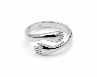 Sterling Silver Hug Ring, 925 Adjustable Open Ring, Minimalist Promise Band
