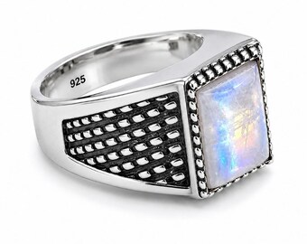 Sterling Silver Rainbow Moonstone Signet Ring, Vintage Statement Jewelry Him And Her