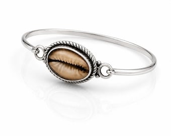 Sterling Silver Cowrie Shell Cuff Bangle, Boho Beach Bracelet