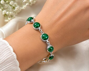 Malachite Sterling Silver Bracelet, Round Green Gemstone Statement Jewelry, Gift For Her