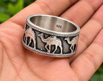 Sterling Silver Camel Band Ring, 925 Camel Ring, Desert Animal Ring, Arabian Camel Jewelry, Oxidized Silver Band, Unisex Ring