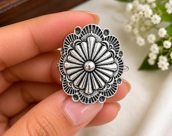 Sterling Silver Concho Ring, Oxidized Floral Western Statement, Adjustable Boho Southwestern Jewelry