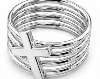 Sterling Silver Multi-Band Cross Ring, Minimalist Faith Jewelry, Handmade Stacking Band